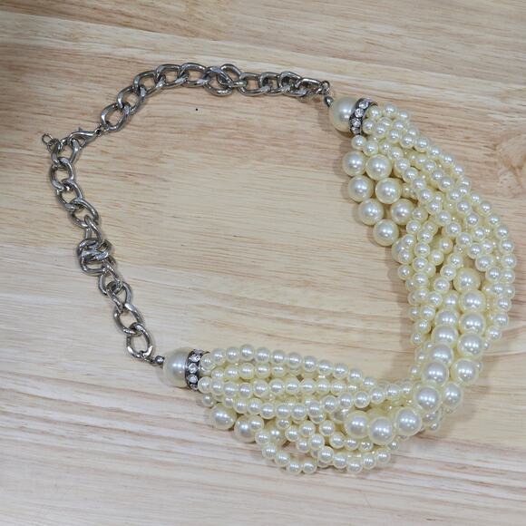 Ivory Cream Wound Multi Strand Faux Pearl Collar Necklace 18" Coquette Vibe - Picture 7 of 9